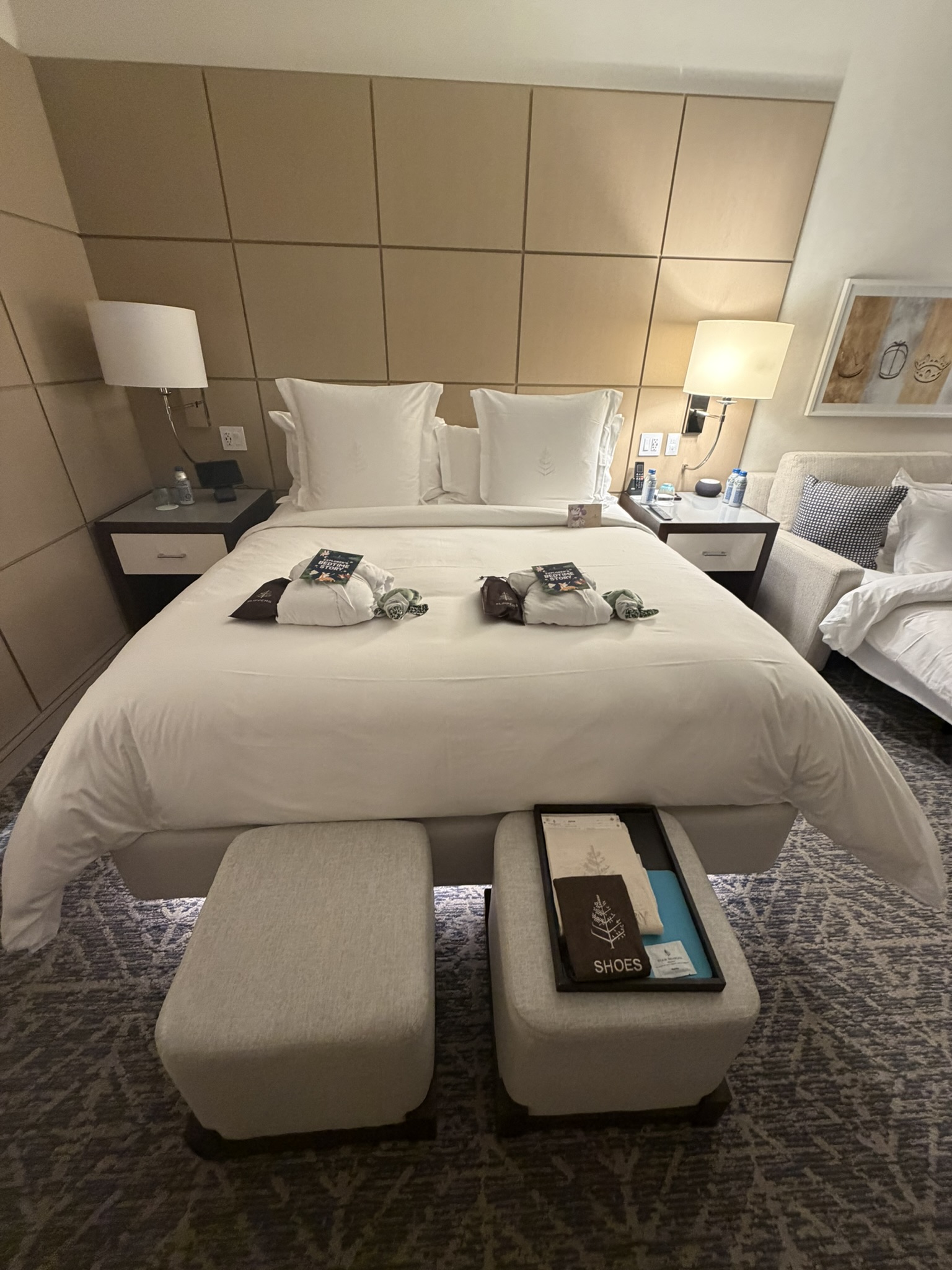 Four Seasons Orlando bed with children's welcome amenities laid out